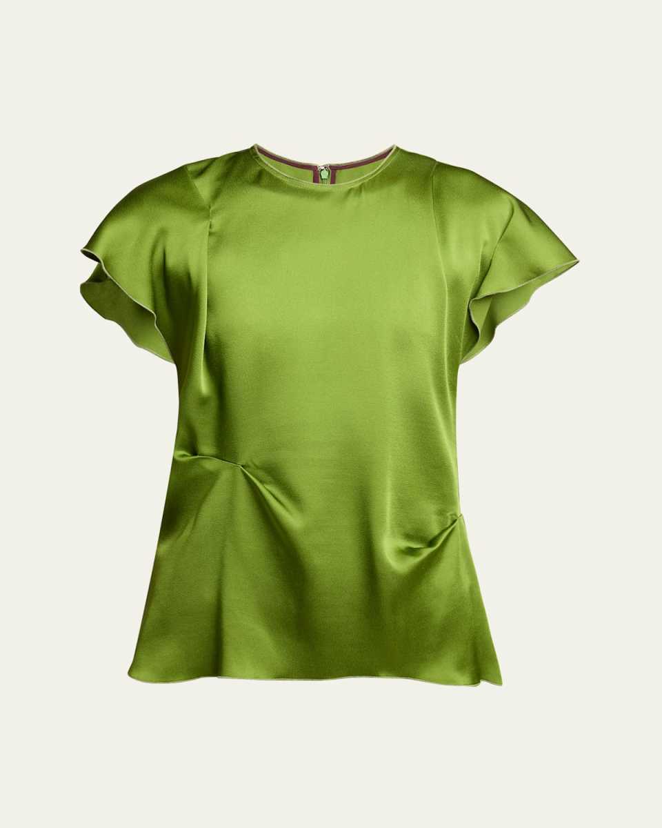 Draped Pleat Flutter-Sleeve Top